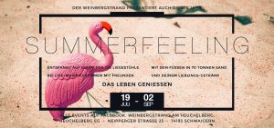 Man sieht den Werbeflyer der Veranstaltung "Weinbergstrand am Heuchelberg" in Schwaigern, darauf abgebildet ist ein Flamingo.