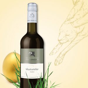 goldenes Ei, Gras und Weinflasche, Illustration zum Frühlings-Gewinnspiel im Weinheimat Blog.