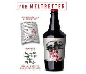 Man sieht die Flasche des Weins "Weltretter" der Heuchelberg Weingärtner, inklusive des Rückenetiketts.