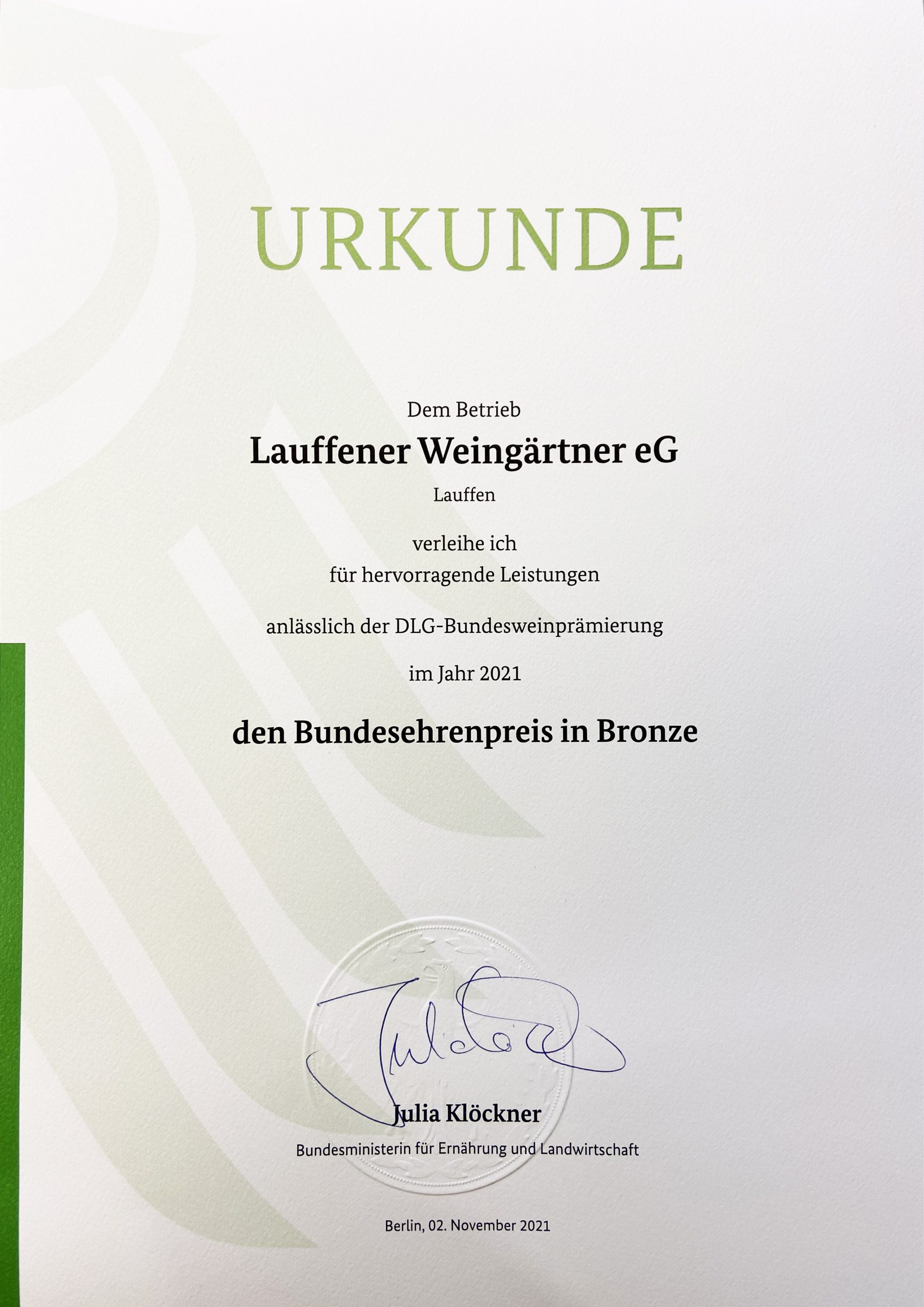 Urkunde der Lauffener Weingärtner zum Bundesehrenpreis in Bronze der DLG