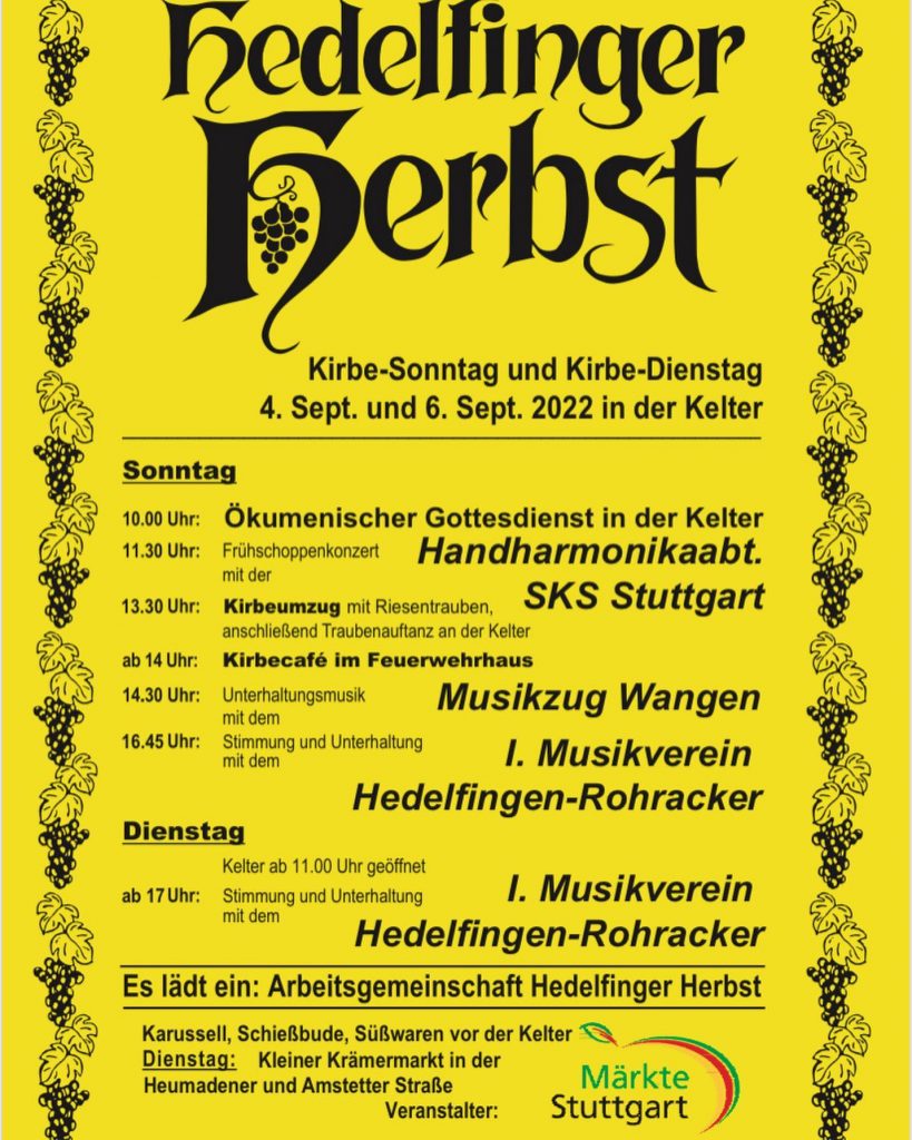 Events in der Weinheimat Württemberg im September: Hedelfinger Herbst