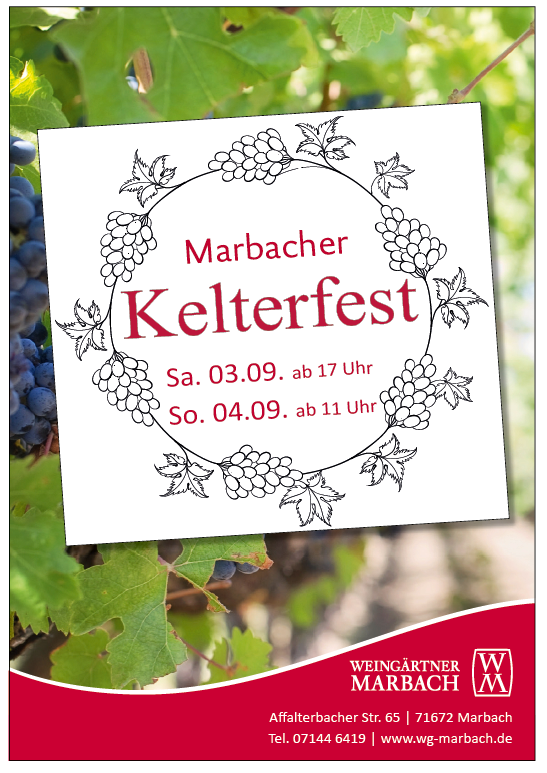 Events in der Weinheimat württemberg im September 2022: das Logo des Marbacher Kelterfests der Weingärtner Marbach