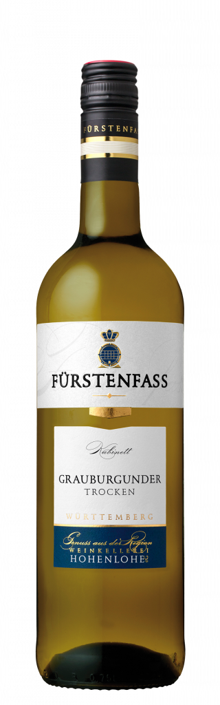 Weintrends 2023: Flaschenansicht Grauburgunder Kabinett trocken "Fürstenfass" der Weinkellerei Hohenlohe