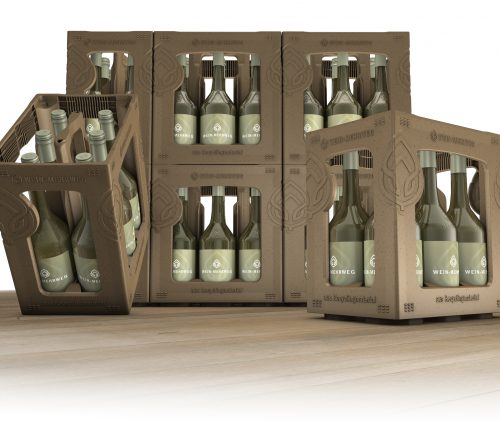 Der neue 0,75-Liter-Mehrwegkasten der Wein-Mehrweg eG im Modell, mehrere Kästen im Ensemble.